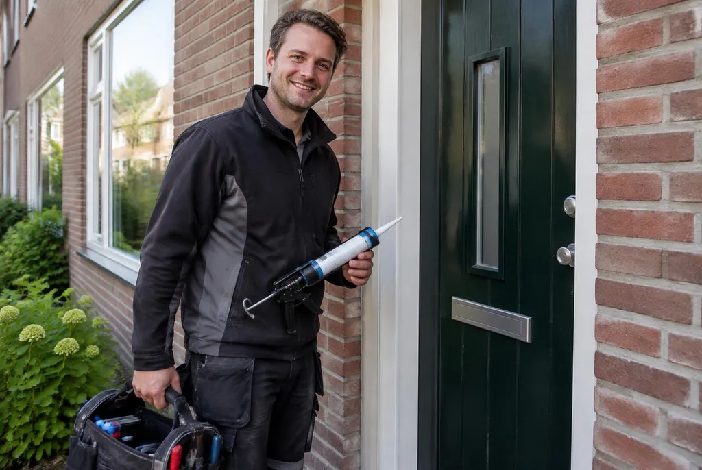 Vakman van Kitbedrijf Rijnsburg bij de voordeur van een woning